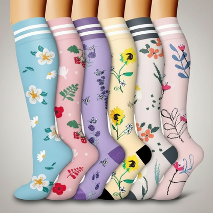 6 Pairs Of Flower Pattern Copper Compression Support Socks