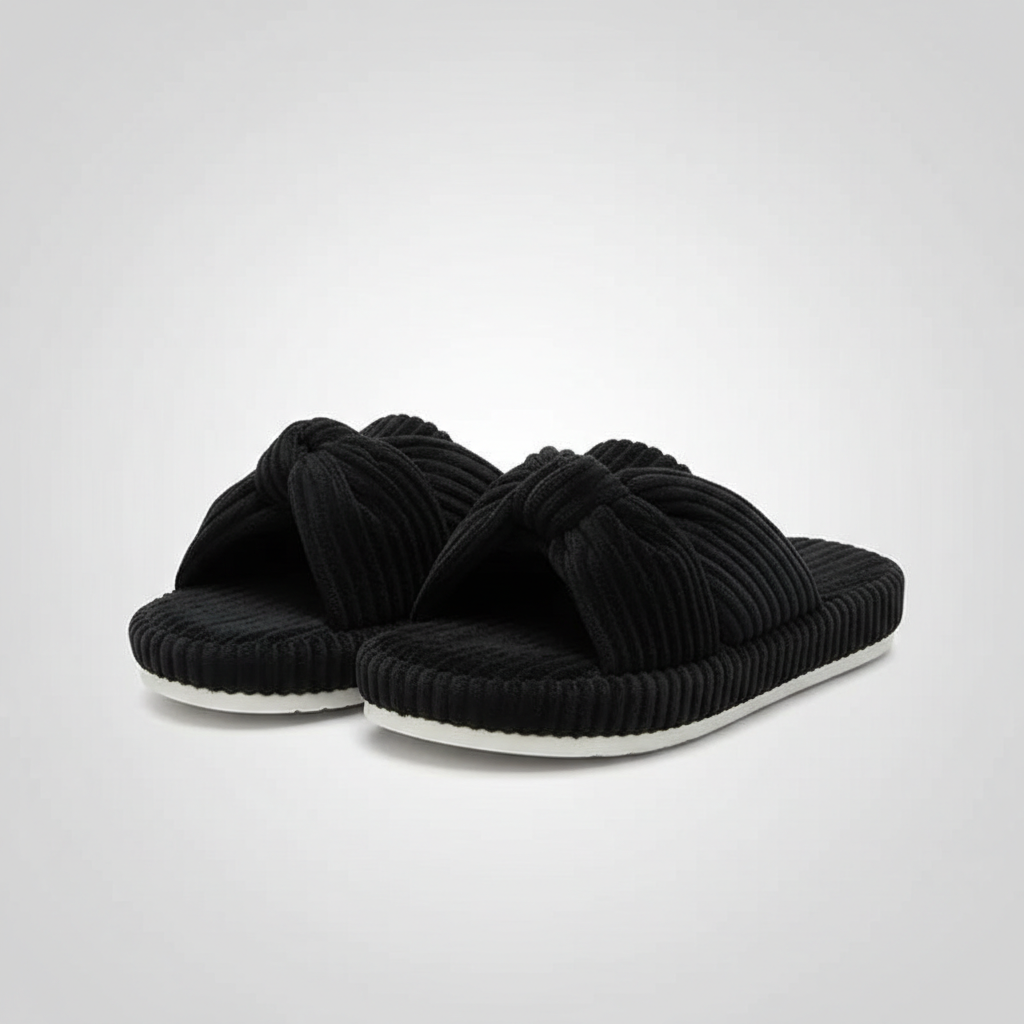 Corduroy Bow Crossband Slip On Slippers