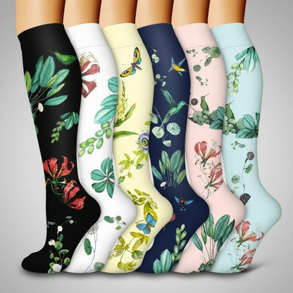 6 Pairs Of Flower Pattern Copper Compression Support Socks