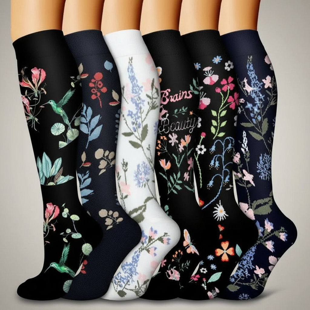6 Pairs Of Flower Pattern Copper Compression Support Socks