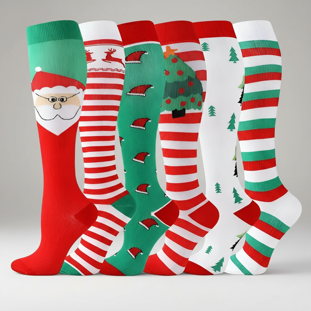 6 Pairs Of Christmas Themed Compression Circulation Socks