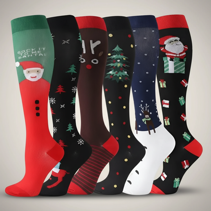 6 Pairs Of Christmas Themed Compression Circulation Socks