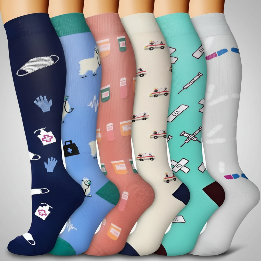 6 Pairs Of Christmas Themed Compression Circulation Socks