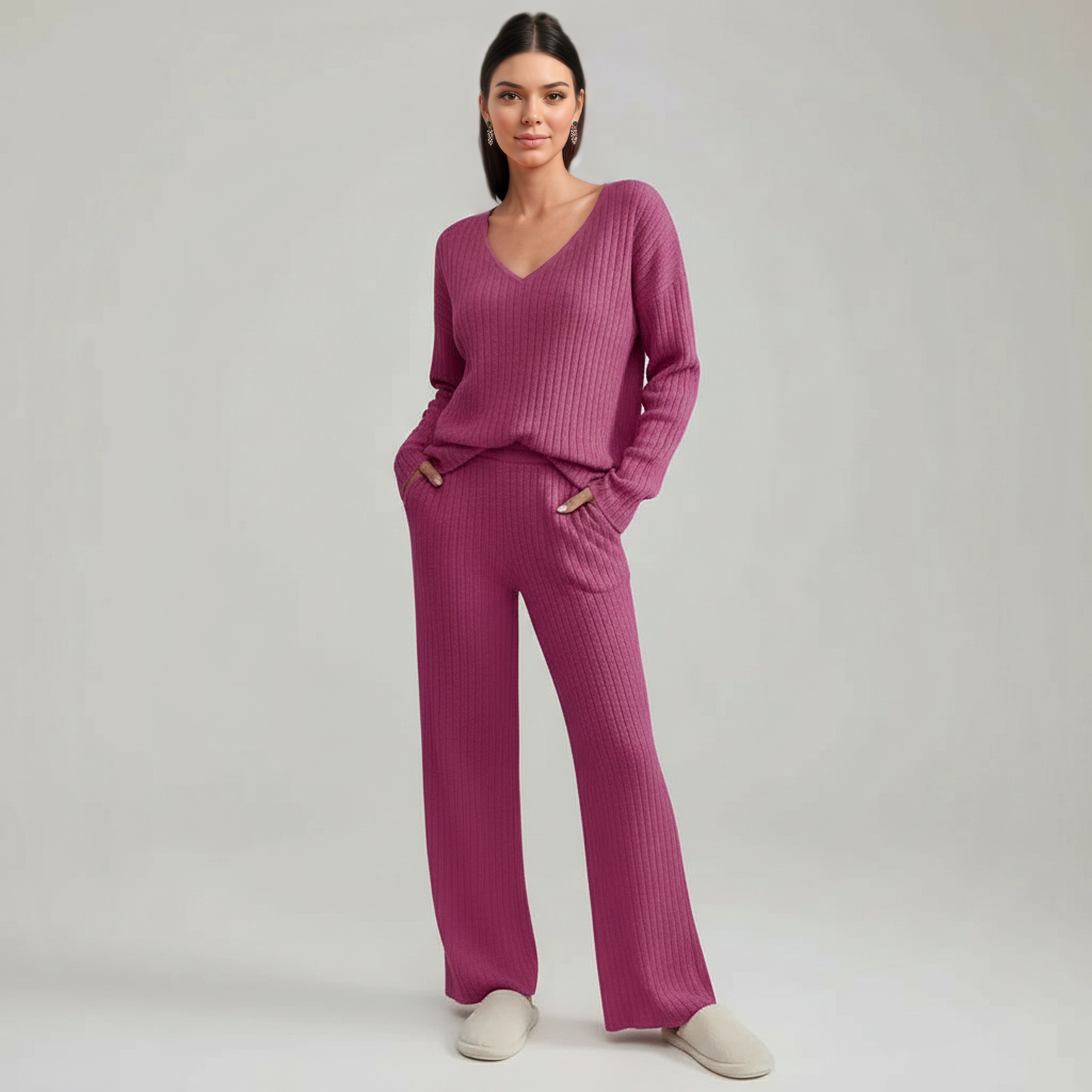 Pullover Ribbed Knit Matching Lounge Set