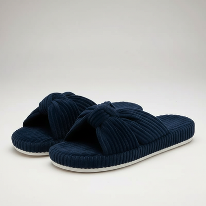 Corduroy Bow Crossband Slip On Slippers