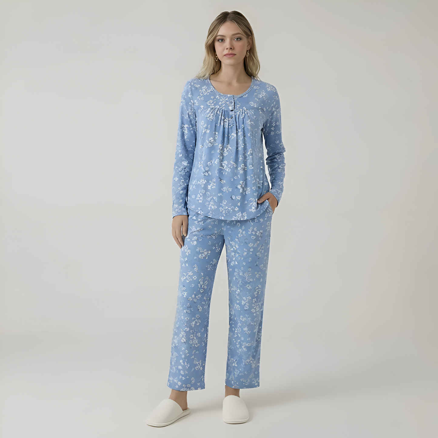Long Sleeve Printed Pajama Set With Pockets