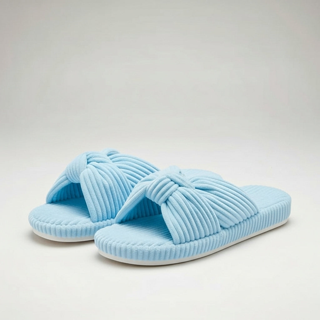 Corduroy Bow Crossband Slip On Slippers