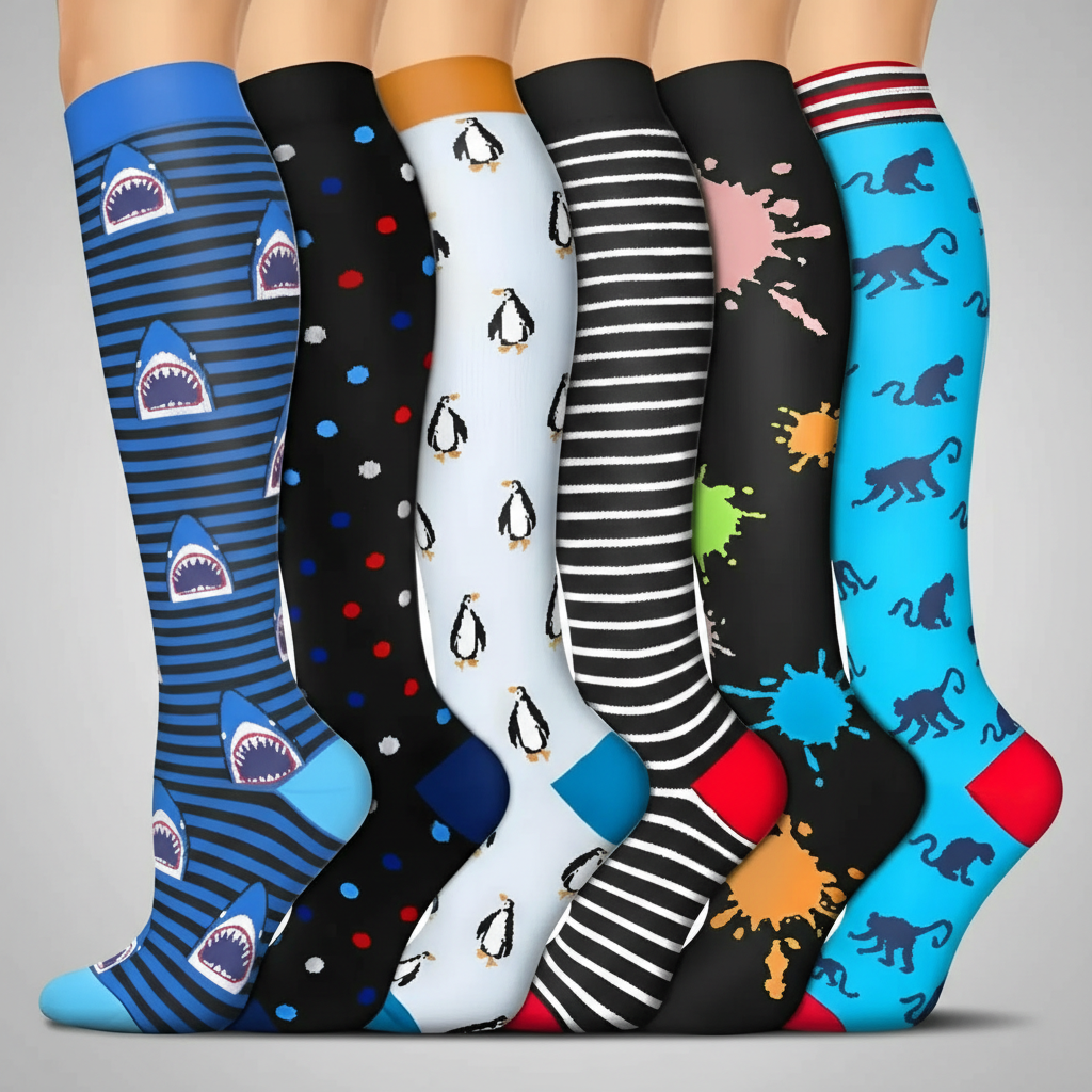 6 Pairs Of Christmas Themed Compression Circulation Socks