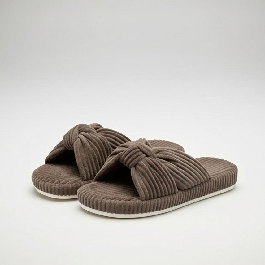 Corduroy Bow Crossband Slip On Slippers