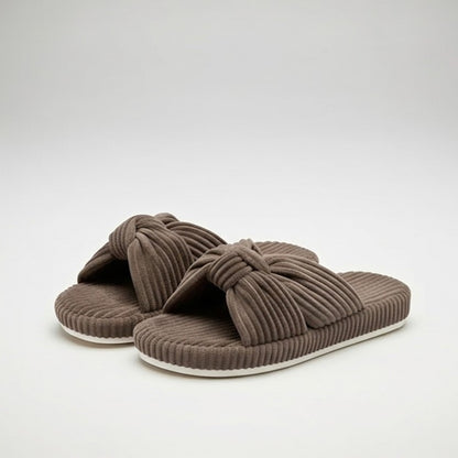 Corduroy Bow Crossband Slip On Slippers