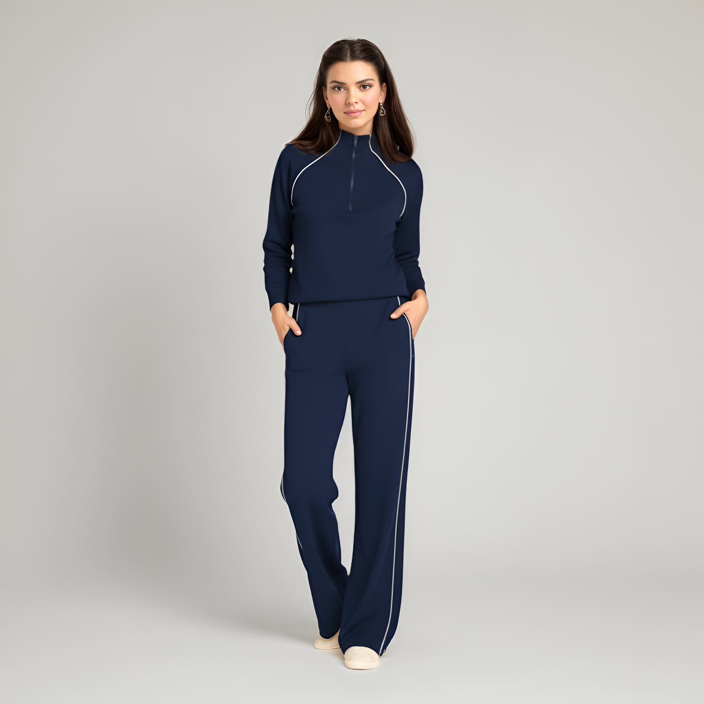 Full Zip Contrast Piping Set For Women