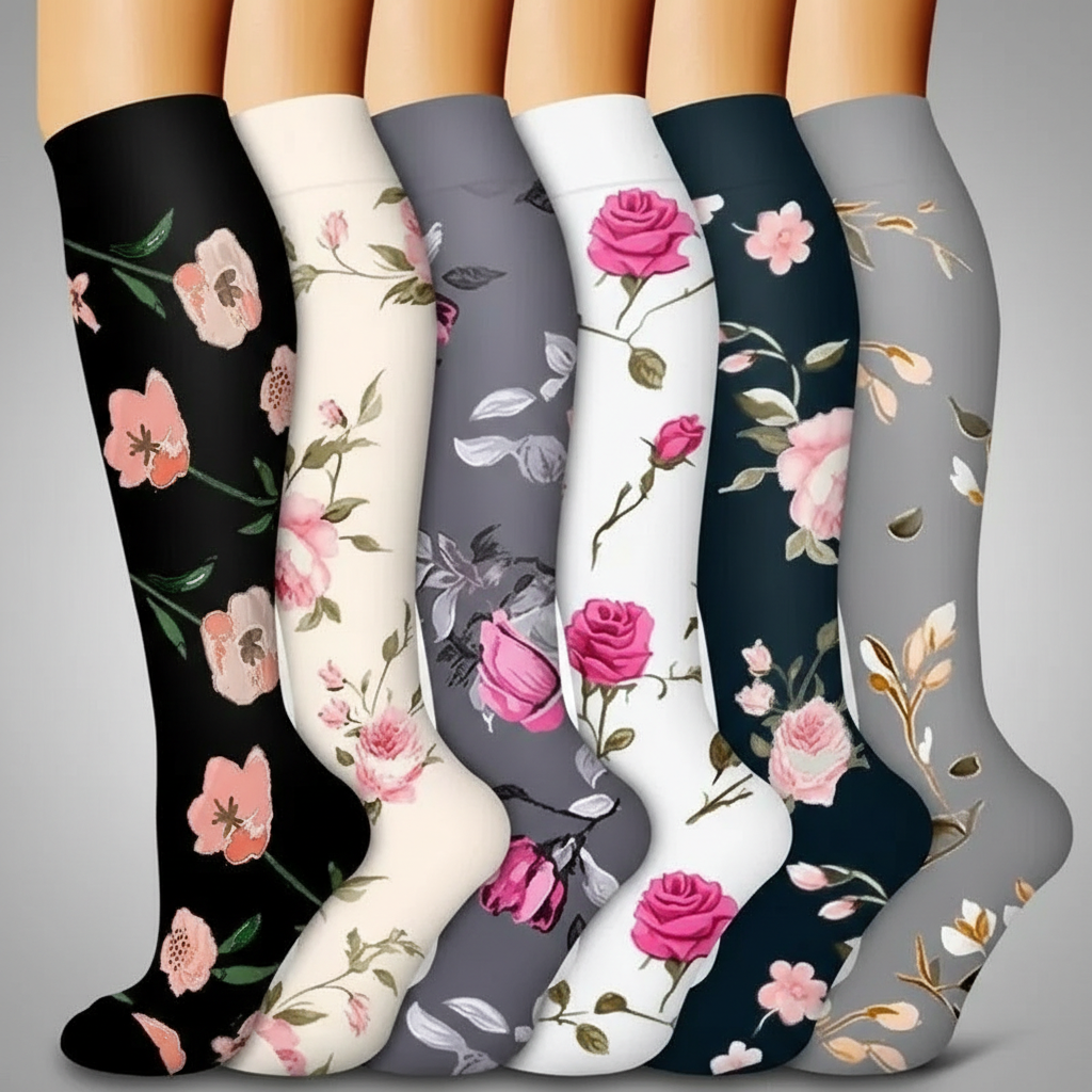 6 Pairs Of Flower Pattern Copper Compression Support Socks