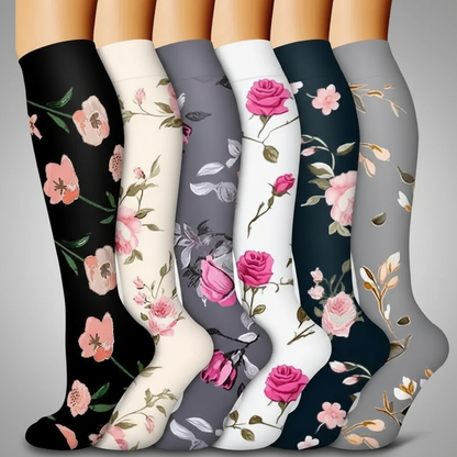 6 Pairs Of Flower Pattern Copper Compression Support Socks