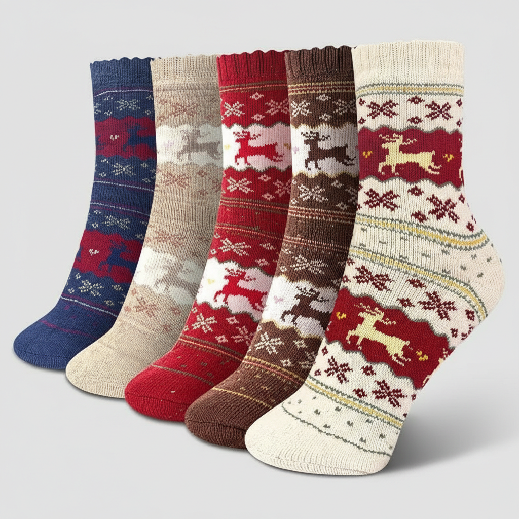 5 Pair Reindeer Design Knit Crew Socks