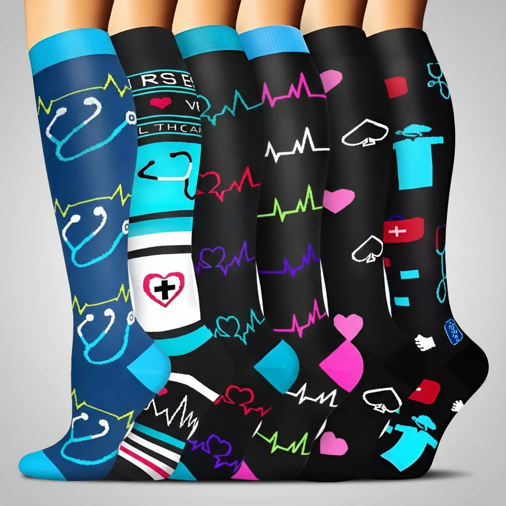 6 Pairs Of Christmas Themed Compression Circulation Socks