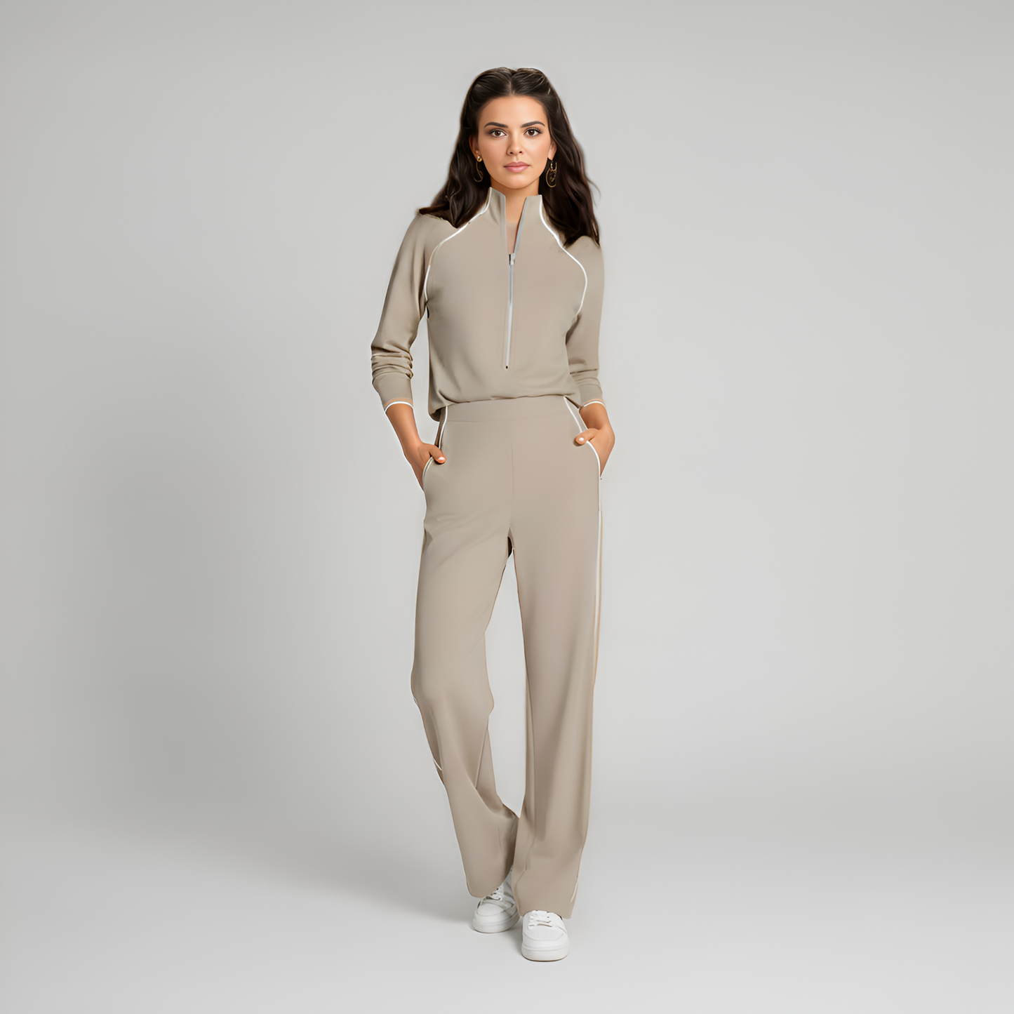 Full Zip Contrast Piping Set For Women