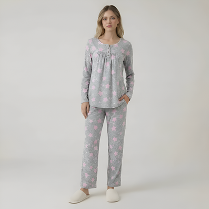Long Sleeve Printed Pajama Set With Pockets