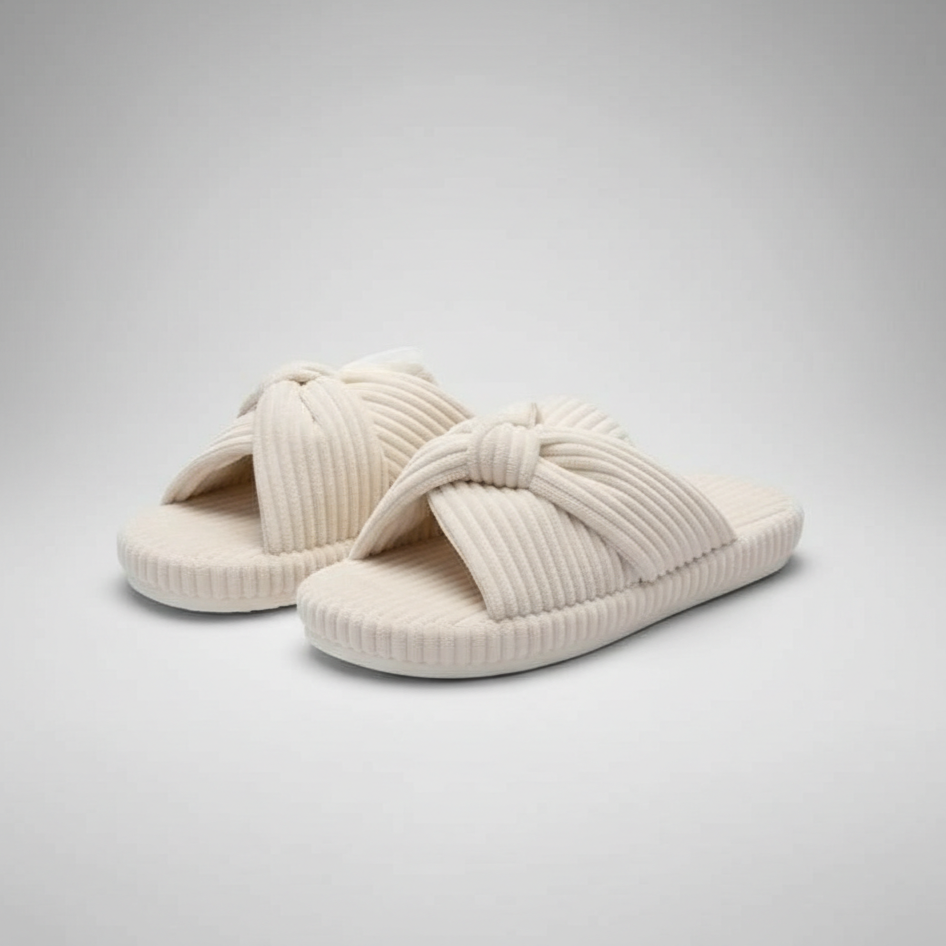 Corduroy Bow Crossband Slip On Slippers
