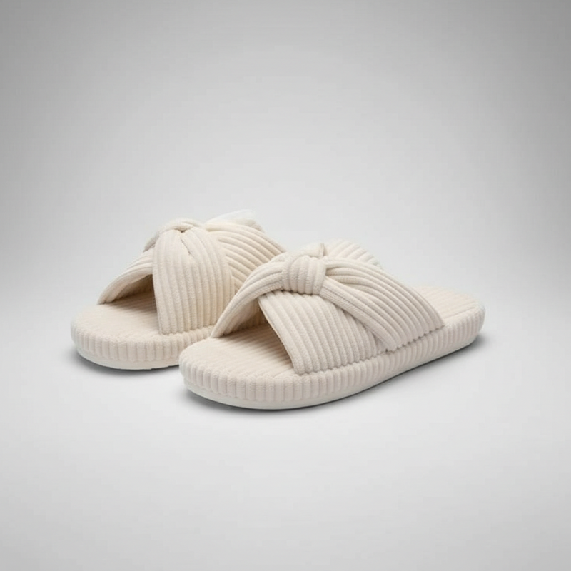 Corduroy Bow Crossband Slip On Slippers