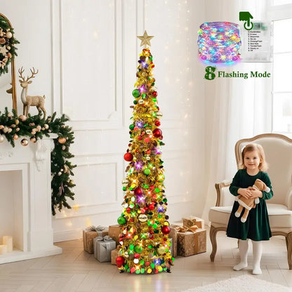 MATULSA 5ft Metal Round Pop-up Christmas Tree with Lights, Ornaments, 8 Lighting Modes & Star Topper - Foldable Home Decor Items for Apartments, Small Spaces