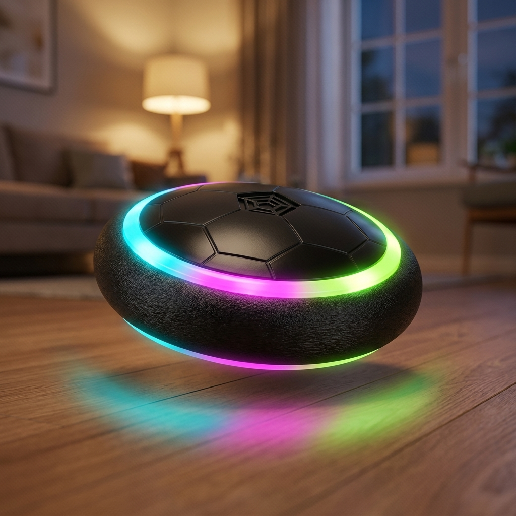 Close-up of the hover ball's glowing multicolour LED ring and foam bumper
