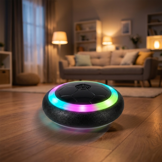 LED hover soccer ball resting on a living-room wood floor with its light ring glowing