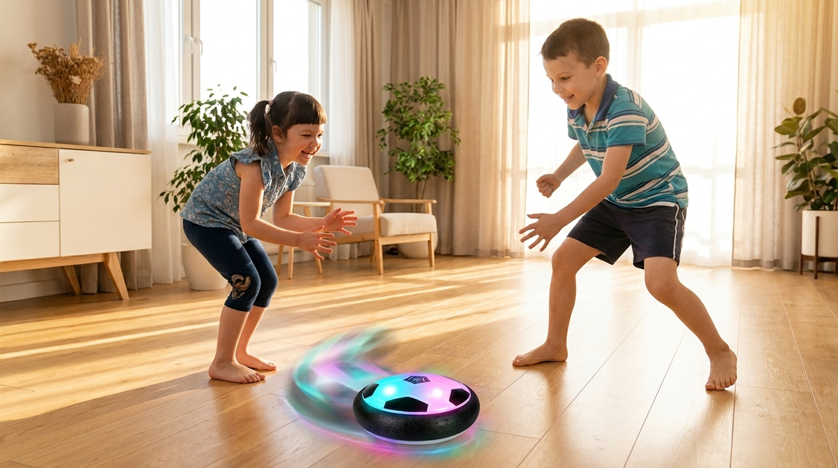 Two children playing with the glowing hover ball on a living-room floor