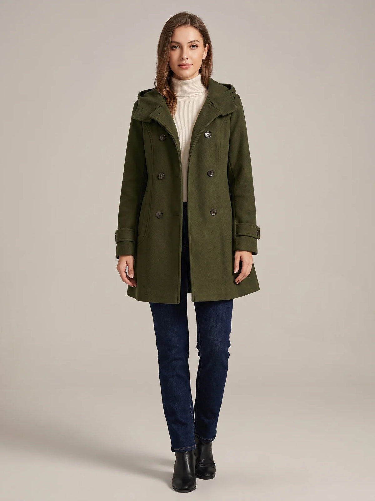 Army Green hooded wool pea coat shown from the front on a model, buttoned, hood down