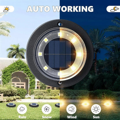 Automatic dusk-to-dawn operation shown day and night, rated for rain, snow, wind and sun