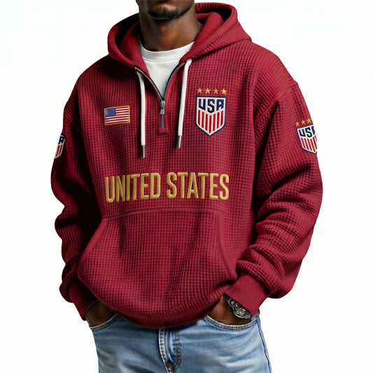United States Printed Waffle Quarter Zip Football Fan Hoodie