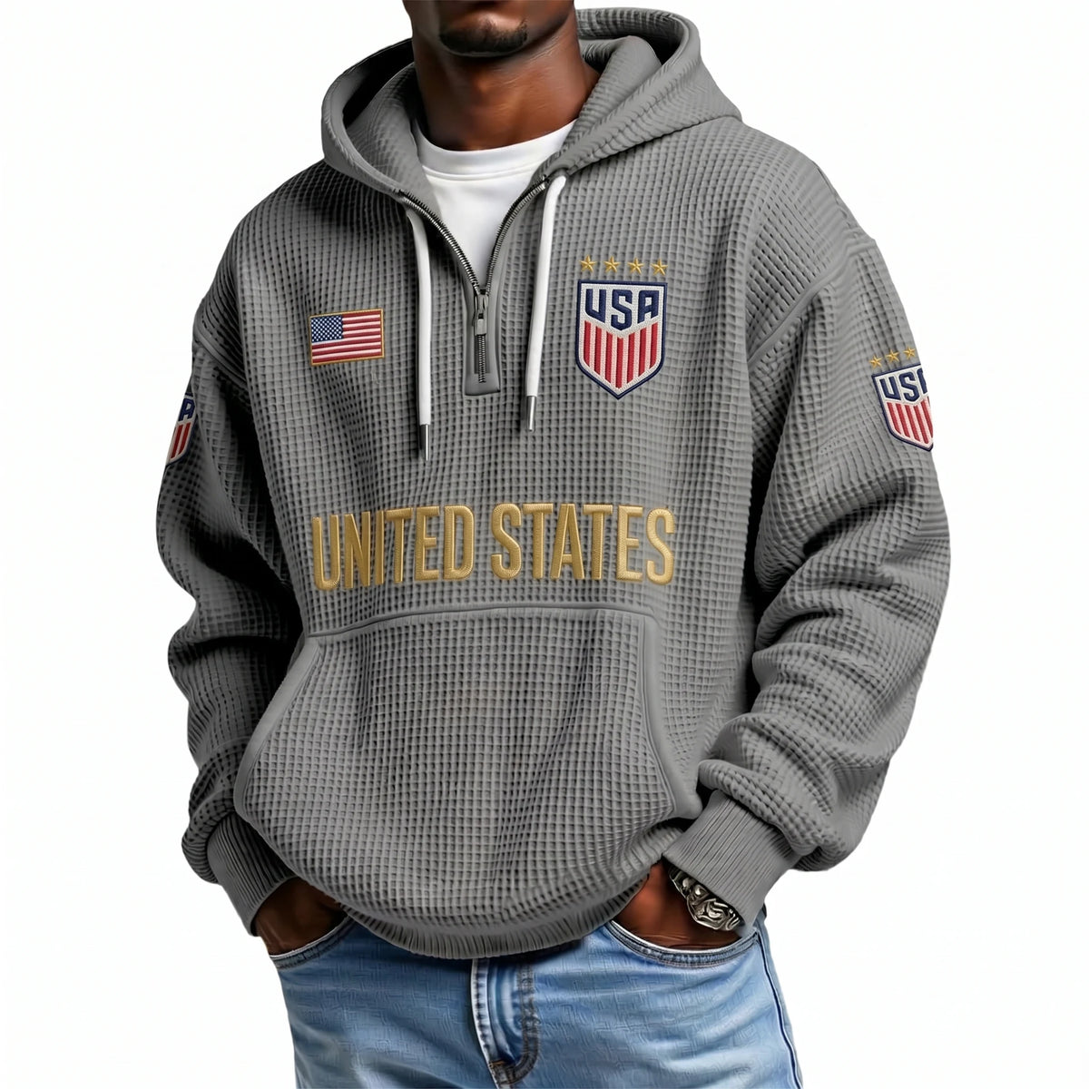 United States Printed Waffle Quarter Zip Football Fan Hoodie