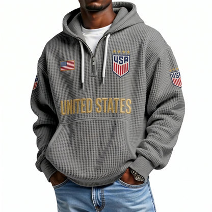 United States Printed Waffle Quarter Zip Football Fan Hoodie