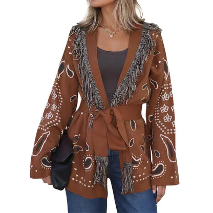Cicy Bell sohochic Womens Cardigan Sweater Long Sleeve Fringe V Neck Printed Open Front Boho Patchwork Bleted Knit Coats