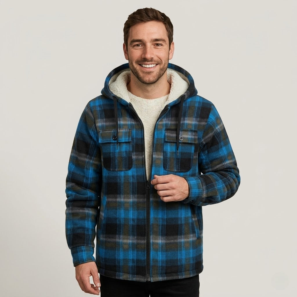 Sherpa Lined Plaid Flannel Zip Hoodie Jacket