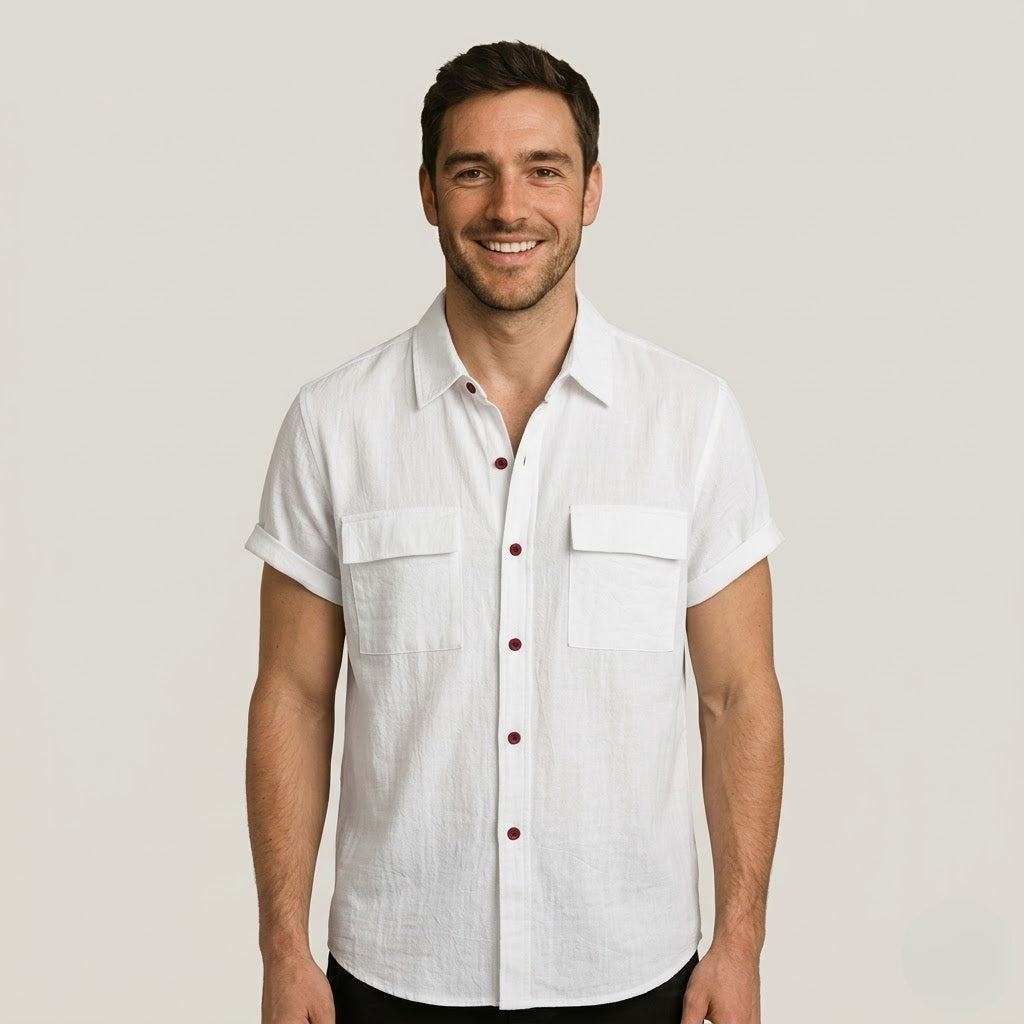 Linen Blend Short Sleeve Button Down Shirt