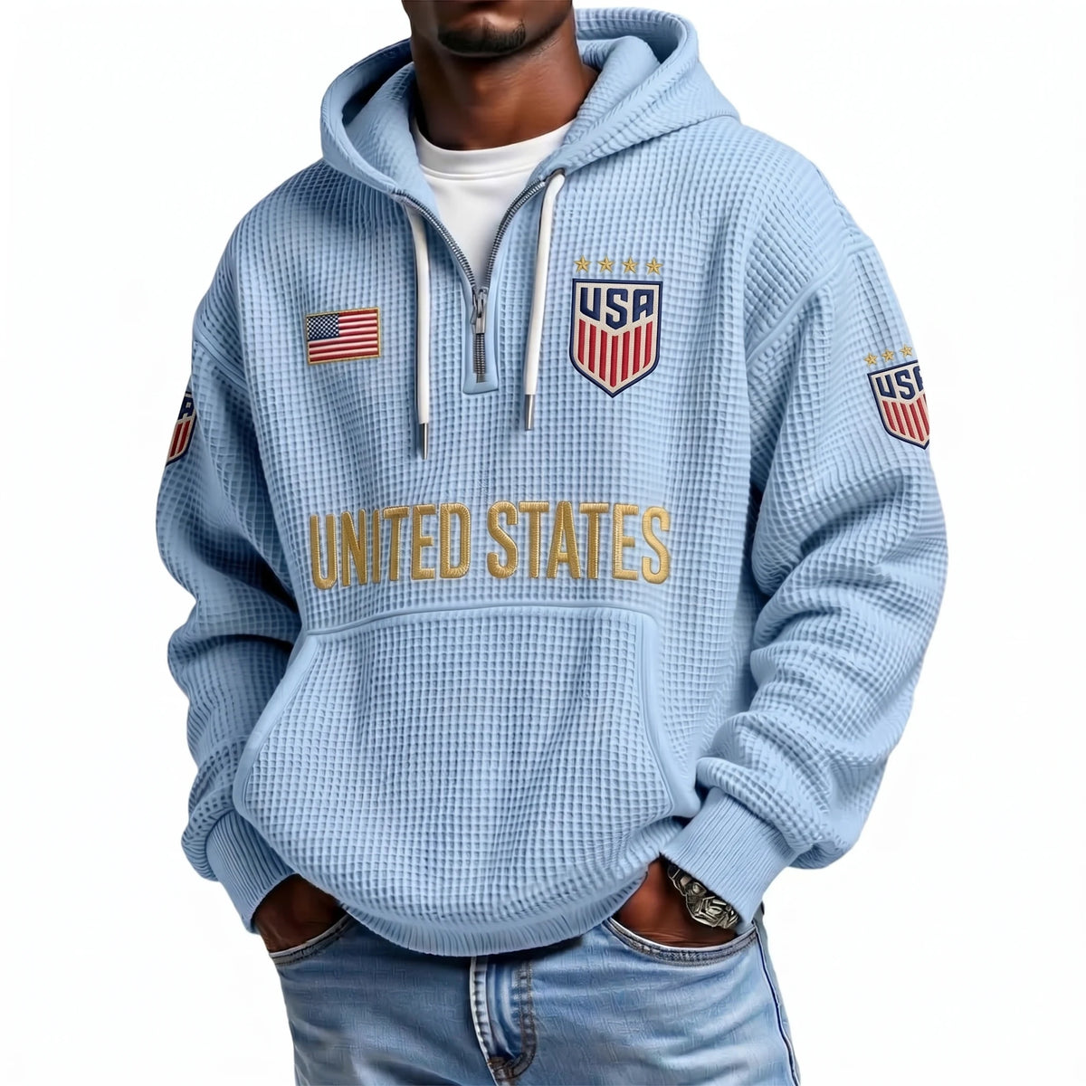 United States Printed Waffle Quarter Zip Football Fan Hoodie