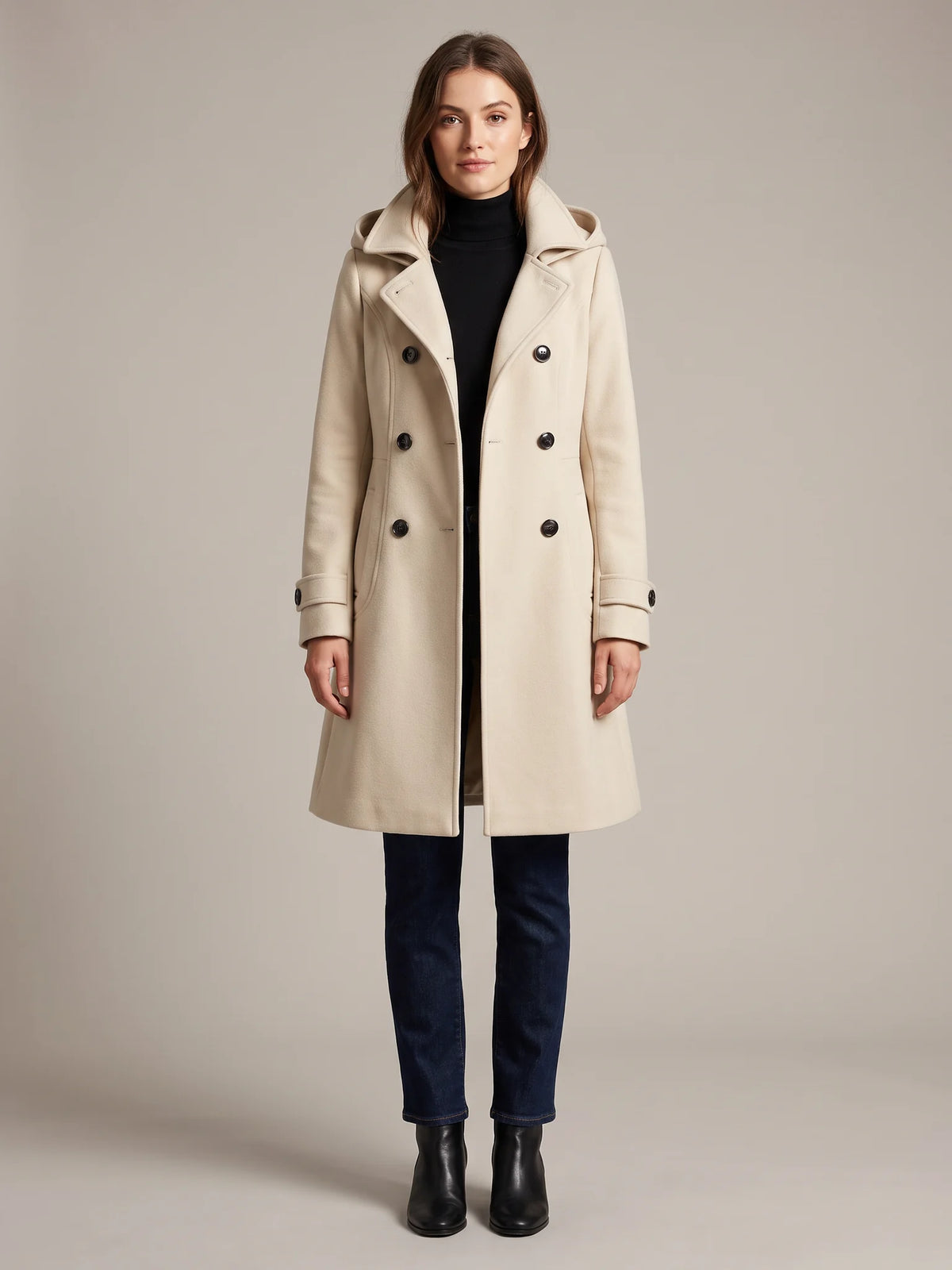 Cream hooded wool pea coat shown from the front on a model, buttoned, hood down