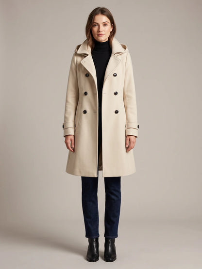 Cream hooded wool pea coat shown from the front on a model, buttoned, hood down