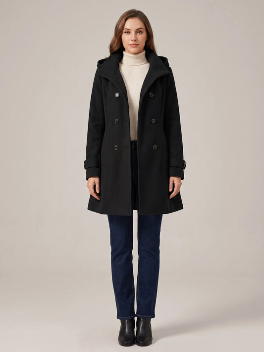 Black hooded wool pea coat shown from the front on a model, buttoned, hood down