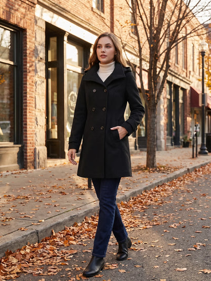 A woman wearing the Black hooded wool pea coat walking a city sidewalk on an autumn afternoon