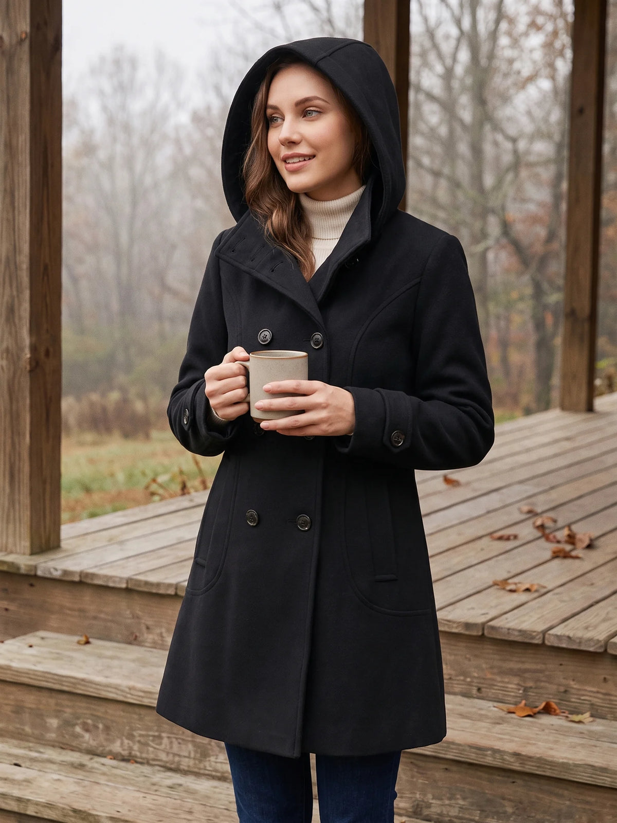 A woman in the Black hooded wool pea coat with the hood up, holding a mug on a porch