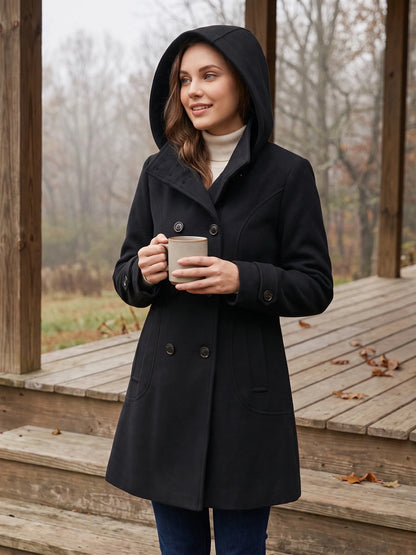 A woman in the Black hooded wool pea coat with the hood up, holding a mug on a porch