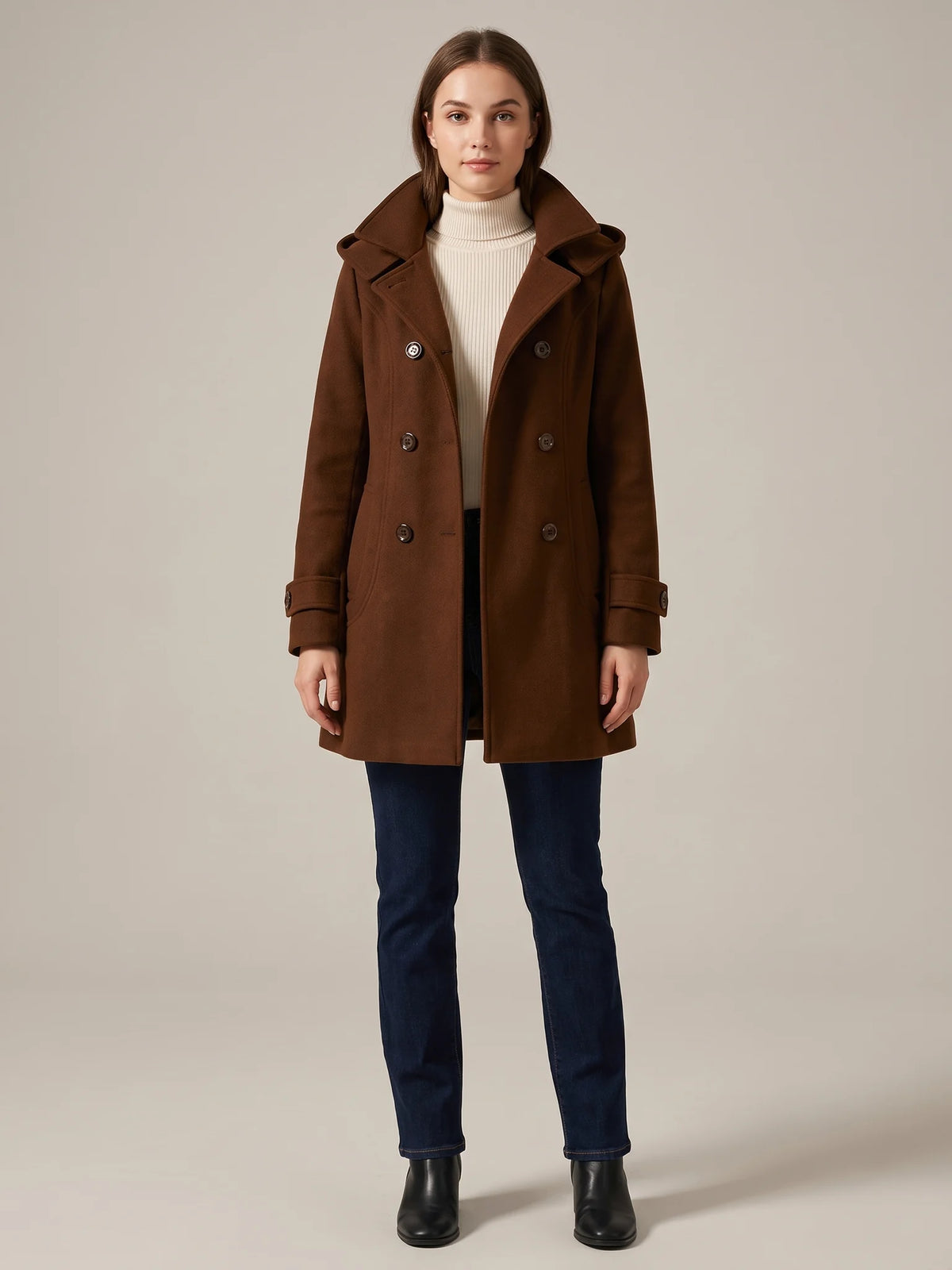 Chocolate hooded wool pea coat shown from the front on a model, buttoned, hood down