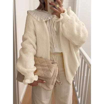 Saodimallsu Cardigan for Women, Open-Front Oversized Chunky Polyamide Knit Sweaters, Casual Clothes with Long Ruffle Lantern Sleeves, Long Sleeve, Minimalist,clothes for back to school,first day of school outfits,sohochic