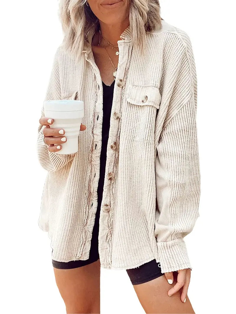 Ebossy Women's Basic Button-Front Long Batwing Sleeve Splicing Cardigan - Lightweight Waffle Textured Boyfriend Shacket, Women's Outerwear Clothes
