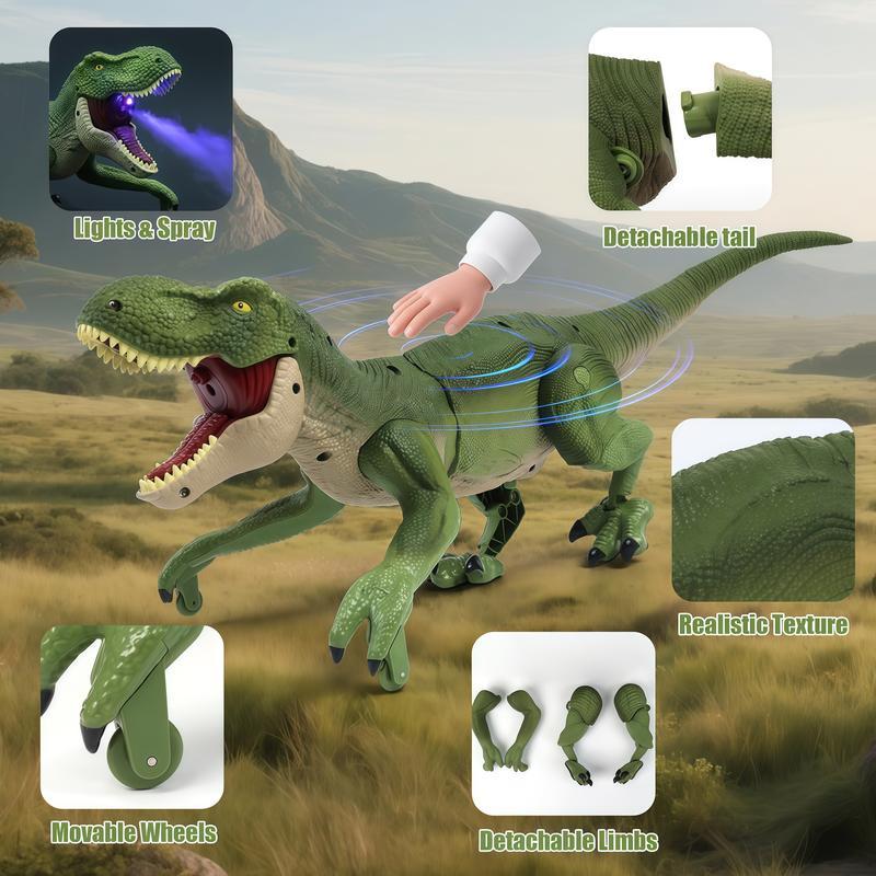 Green dinosaur toy shown with close-ups of its light-up mouth, detachable tail, textured skin, wheeled feet and detachable limbs