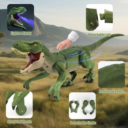 Green dinosaur toy shown with close-ups of its light-up mouth, detachable tail, textured skin, wheeled feet and detachable limbs