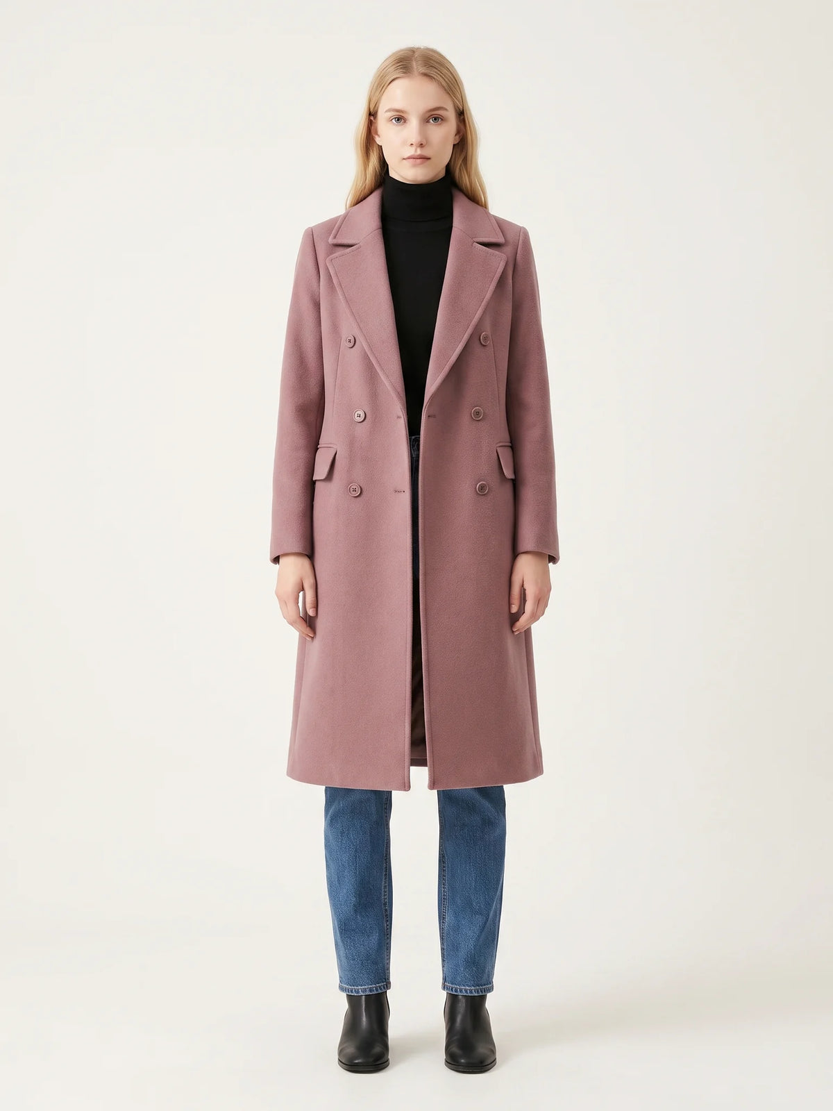 The Rosewood wool-blend coat worn open on a model, photographed from the front in a studio