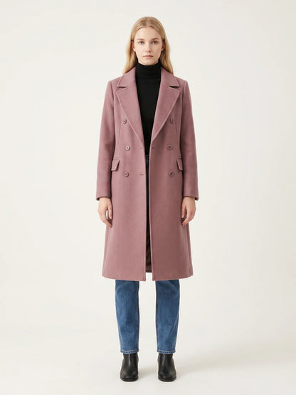 The Rosewood wool-blend coat worn open on a model, photographed from the front in a studio
