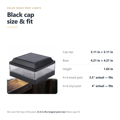 Black solar post cap light size guide: 5.11in cap top, 4.21in base, 1.65in tall, fits 4x4 posts